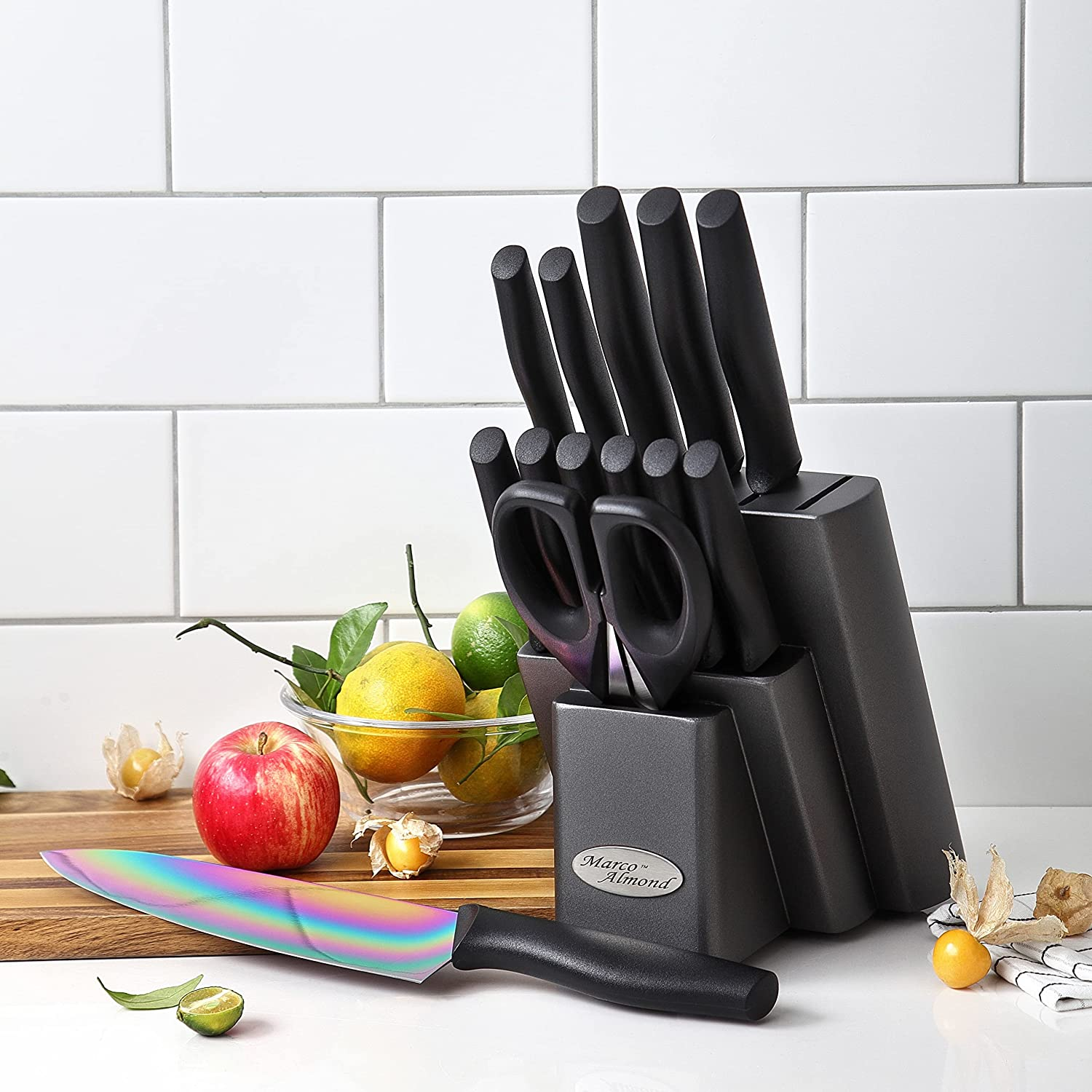 DISHWASHER SAFE KYA25 Rainbow Titanium Cutlery Knife Set, Marco Almond 14-Piece Kitchen Knives Block Sets, Black