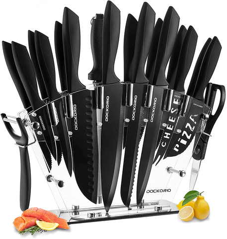 Image of Dockorio Kitchen Knife Set with Block, 19 PCS High Carbon Stainless Steel Sharp Kitchen Knife Set Includes Serrated Steak Knives Set, Chef Knives, Bread Knife, Scissor, Sharpener, All in One Knife Set