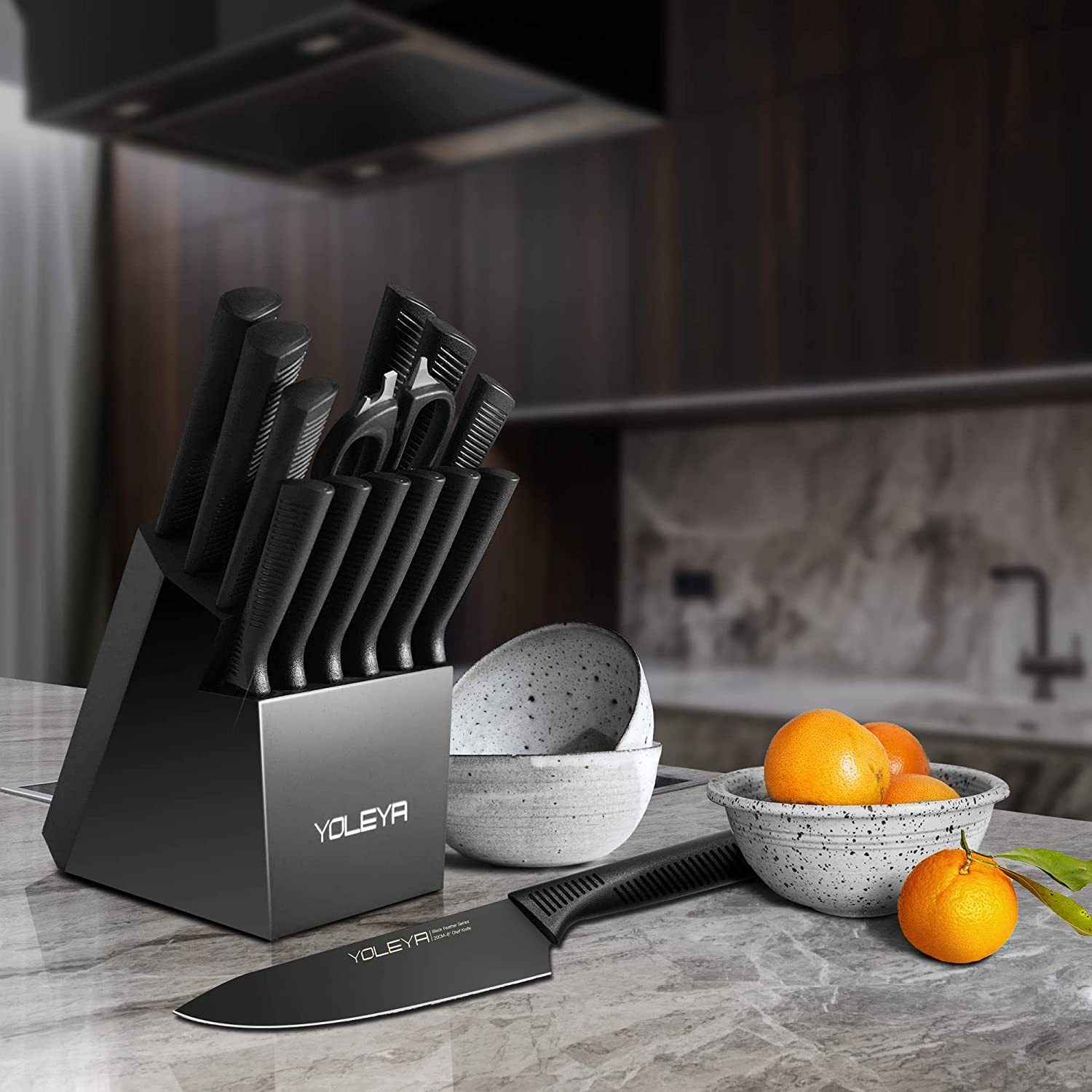 Knife Set,Yoleya 15 Pieces Kitchen Knife Set Non Stick Coating Knife Set with Block,Professional Knives Set for Kitchen