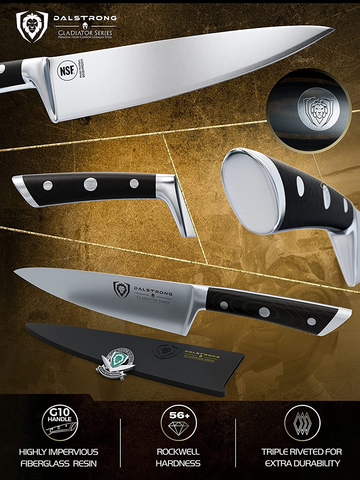 Image of DALSTRONG Chef Knife - 8 Inch - Gladiator Series - Forged High Carbon German Steel - Razor Sharp Kitchen Knife - Full Tang - Black G10 Handle - Sheath Included - NSF Certified