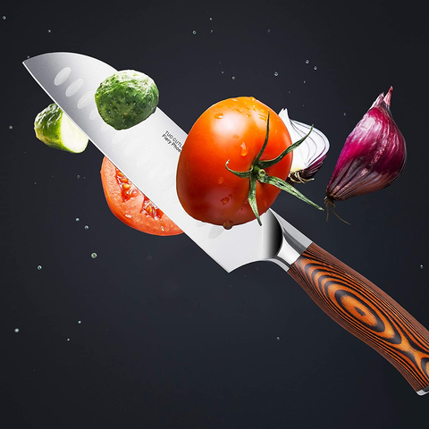 Image of TUO Santoku Knife - Asian Granton Chef Knife - Hollow Ground High Carbon German Steel Kitchen Cutlery - Ergonomic Pakkawood Handle - Gift Box Included - 7 Inch - Fiery Phoenix Series