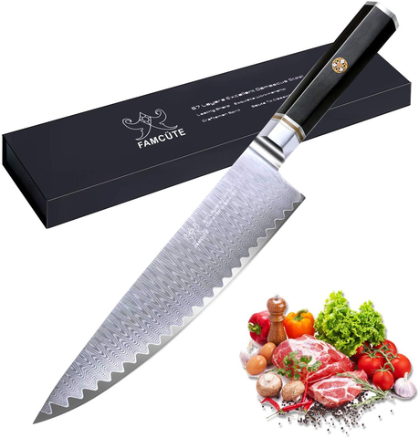 Image of FAMCÜTE 8" Chef'S Knife, Made of 67 Layers Damascus W/Octago Indonesian Ebony Handle Professional Japanese Gyuto Knife Have Razor Sharp and Superb Edge Retention