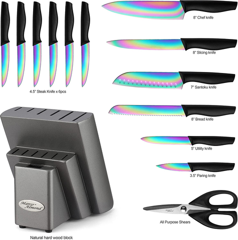 Image of DISHWASHER SAFE KYA25 Rainbow Titanium Cutlery Knife Set, Marco Almond 14-Piece Kitchen Knives Block Sets, Black