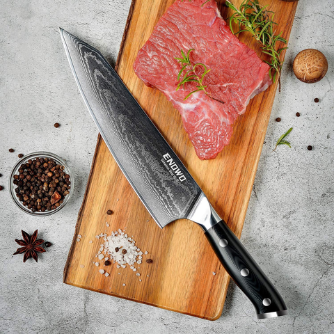 Image of Enowo Damascus Chef Knife 8 Inch with Premium G10 Handle&Triple Rivet,Razor Sharp Kitchen Knife Japanese VG-10 Stainless Steel,Gift Box,Ergonomic,Superb Edge Retention, Stain & Corrosion Resistant