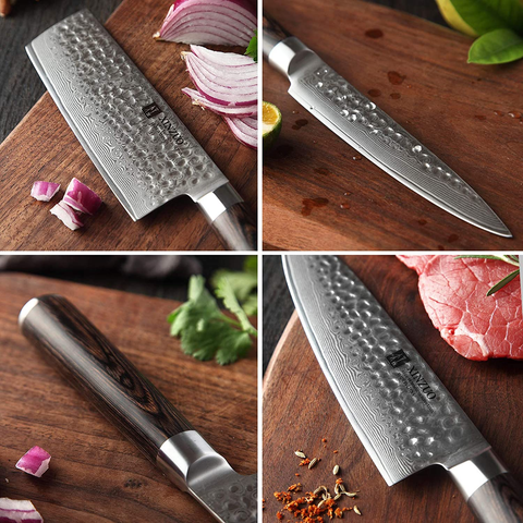 Image of XINZUO 7PC Damascus Steel Kitchen Knife Set with Acacia Wood Block,Multifunctional Kitchen Scissors,Professional Sharp Chef Knife Forged Vegetable Knife with Pakkawood Handle- He Series