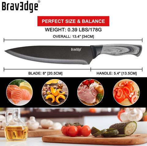 Image of Bravedge Chef Knife, 8 Inch Kitchen Knife with Sheath, High Carbon Stainless Steel Ultra Sharp Cooking Knife with Ergonomic Handle, Well Balanced & Easy to Clean & Dishwasher Safe