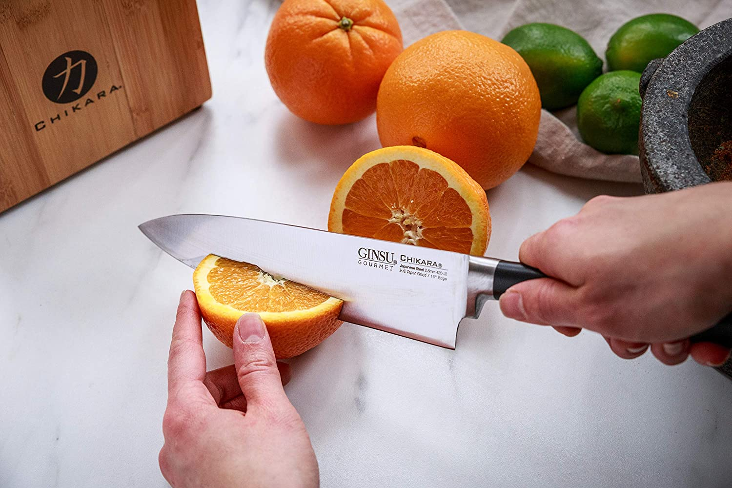 Ginsu Gourmet Chikara Series Forged 12-Piece Japanese Steel Knife Set – Cutlery Set with 420J Stainless Steel Kitchen Knives – Bamboo Finish Block,