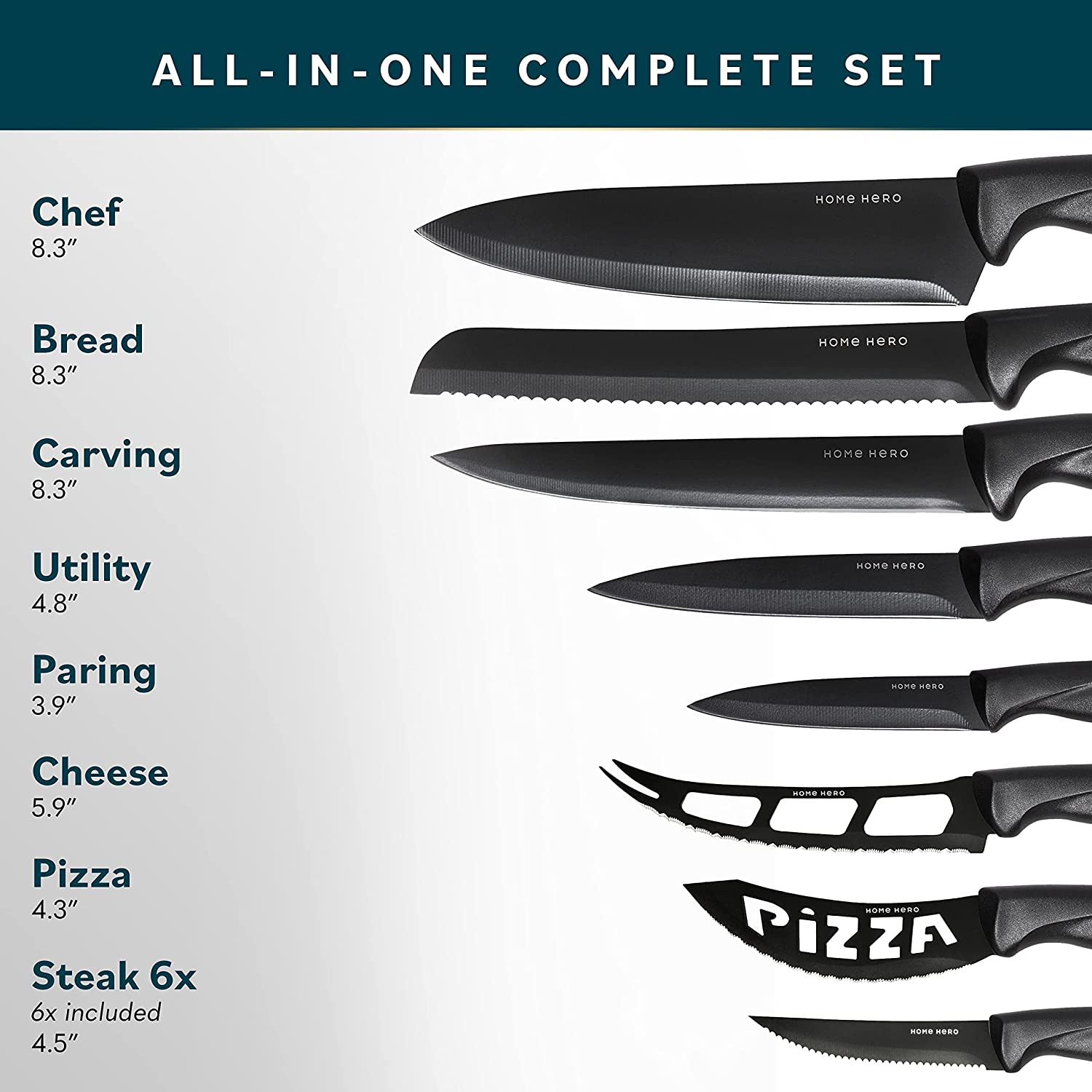 New Home Hero 17 Pcs Kitchen Knife Set - 7 Stainless Steel Knives, 6 Serrated Steak Knives, Scissors, Peeler & Knife Sharpener with Acrylic Stand (Black, Stainless Steel)…
