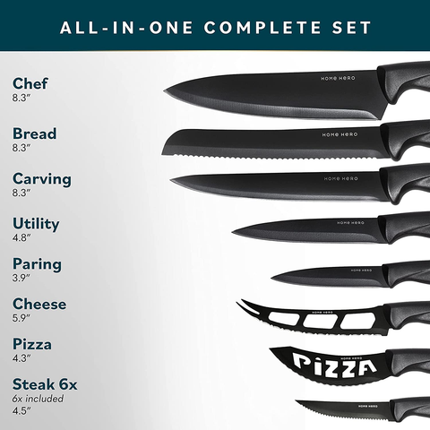 Image of New Home Hero 17 Pcs Kitchen Knife Set - 7 Stainless Steel Knives, 6 Serrated Steak Knives, Scissors, Peeler & Knife Sharpener with Acrylic Stand (Black, Stainless Steel)…