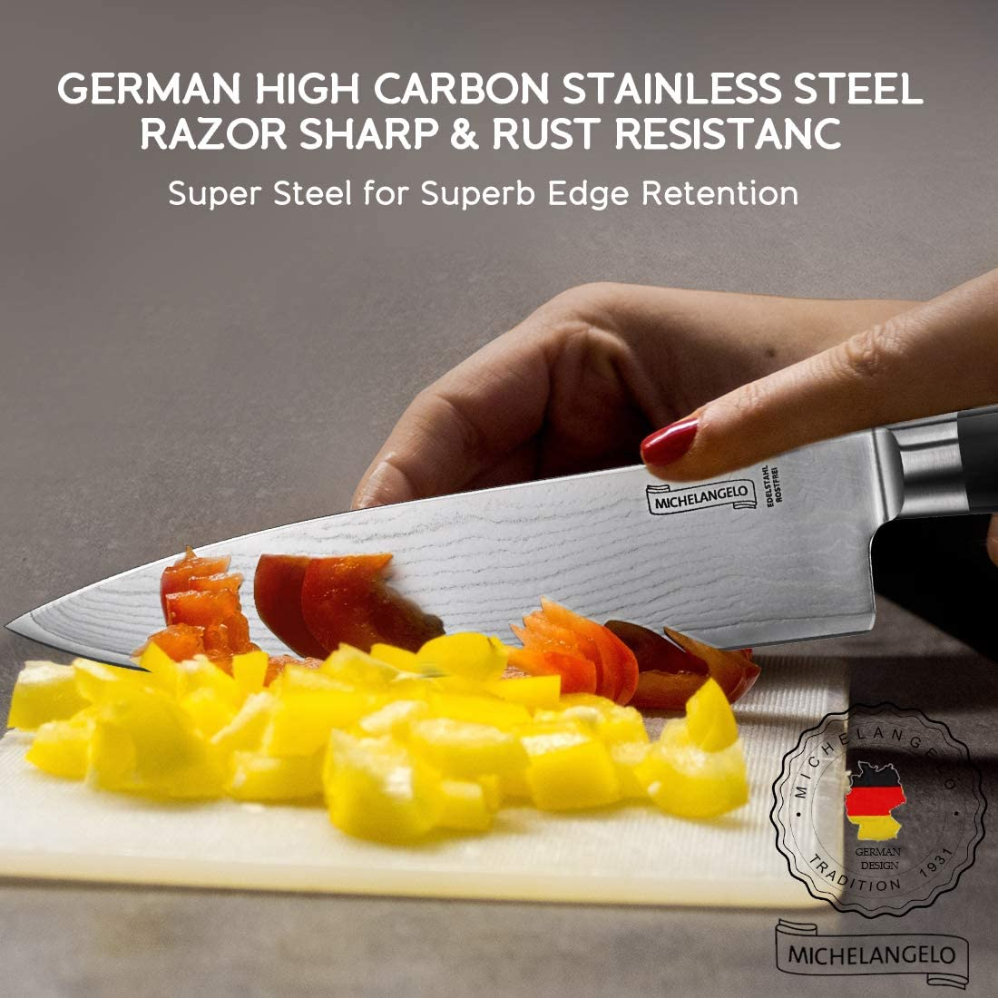 MICHELANGELO Professional Chef Knife 8 Inch Pro, German High Carbon Stainless Steel Knife with Ergonomic Handle, Japanese Knife, Chef Knife for Kitchen - 8 Inch, Etched Damascus Pattern