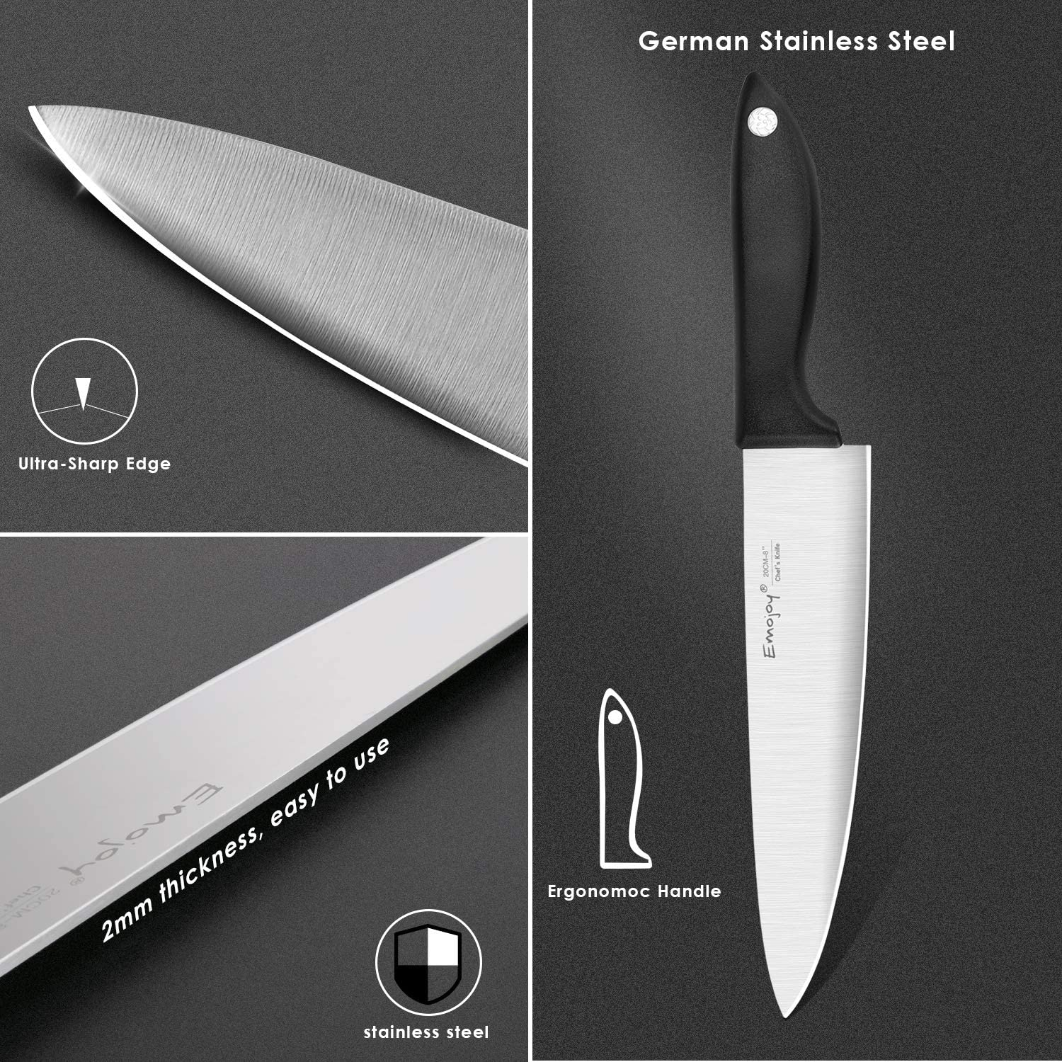 Knife Set 15-Piece Kitchen Knife Set with Sharpener Wooden Block and Serrated Steak Knives,Emojoy Germany High Carbon Stainless Steel Knife Block Set