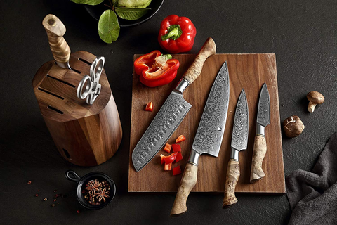 Image of HEZHEN 7PCS Kitchen Knives Set Professional Forging Damascus High Carbon Steel Chef Knife Santoku Bread Knife Utility Knife Fruit Knife 3Cr14 Multifunctional Kitchen Scissors 6Slot Black Walnut Block