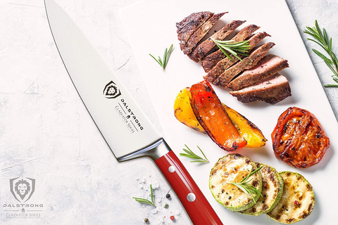 Image of DALSTRONG Chef Knife - 8 Inch - Gladiator Series - Forged High Carbon German Steel - Razor Sharp Kitchen Knife - Full Tang - Crimson Red ABS Handle - Sheath Included - NSF Certified