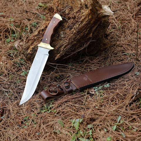 Image of MOSSY OAK 14-Inch Bowie Knife, Full-Tang Fixed Blade Wood Handle with Leather Sheath