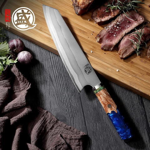 Image of MITSUMOTO SAKARI 8 Inch Japanese Kiritsuke Chef Knife, Hand Forged 67 Layers 440C Damascus Steel Kitchen Knives, Professional Meat Sushi Chef'S Knife (Blue Pomegranate Handle & Gift Box)