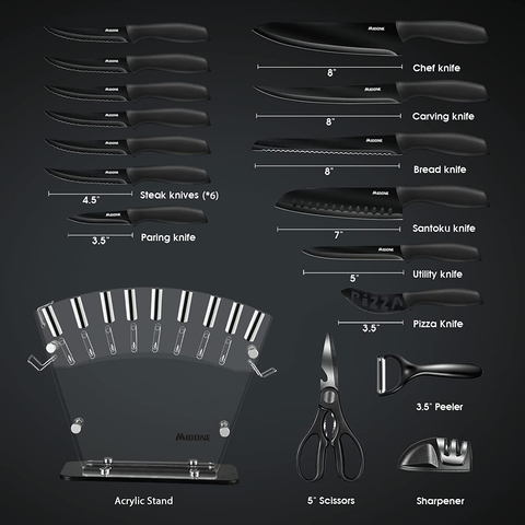 Image of MIDONE Knife Set, 17 Pcs German High Carbon Stainless Steel Kitchen Knife Set - 7 Knives, 6 Serrated Steak Knives, Scissors, Peeler & Sharpener with Acrylic Stand, Black…