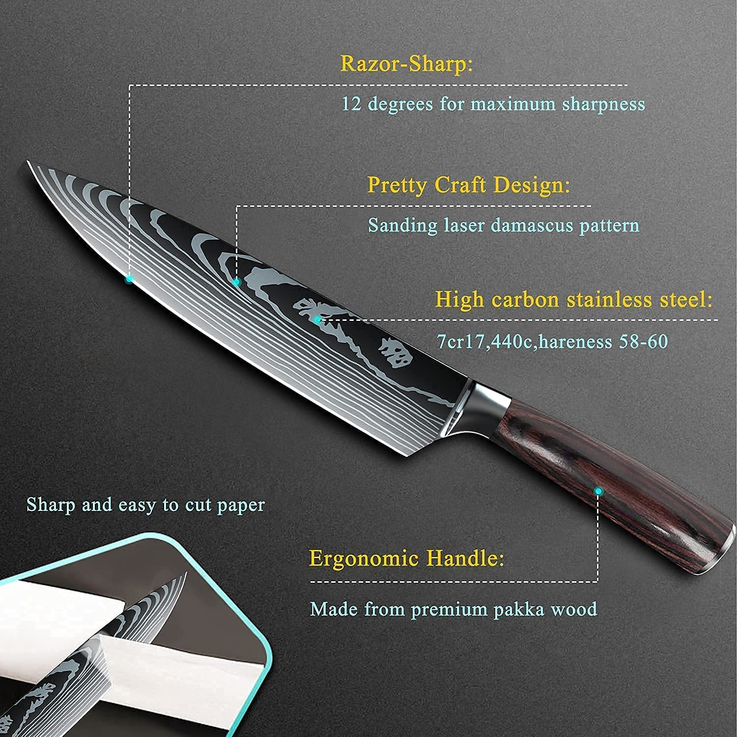 ZENG Professional Kitchen Chef Knife Set, Japanese 8 PCS German High Carbon Stainless Steel Ultra Sharp Knives Sets with Sheaths, Ergonomically Handle Multifunctional Cutter