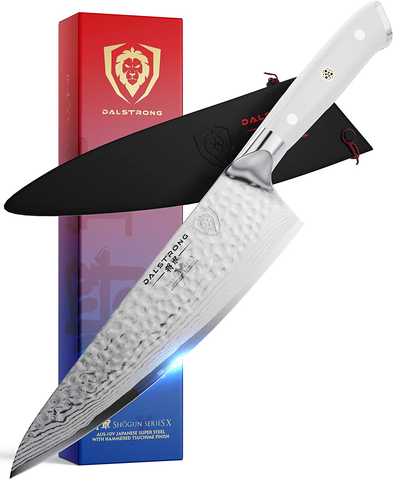 Image of DALSTRONG Chef Knife - 8 Inch - Shogun Series - Damascus - Japanese AUS-10V Super Steel Kitchen Knife - White Handle - Razor Sharp Knife - W/Sheath