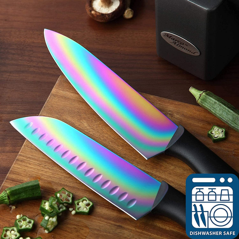 Image of DISHWASHER SAFE KYA25 Rainbow Titanium Cutlery Knife Set, Marco Almond 14-Piece Kitchen Knives Block Sets, Black