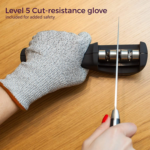 Image of 4-In-1 Kitchen Knife Accessories: 3-Stage Knife Sharpener Helps Repair, Restore, Polish Blades and Cut-Resistant Glove (Black)