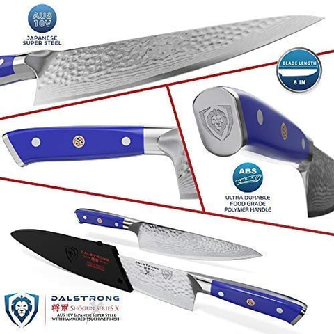 Image of DALSTRONG Chef Knife - 8 Inch - Shogun Series - Damascus - Japanese AUS-10V Super Steel Kitchen Knife - Blue Handle - Razor Sharp Knife - W/Sheath