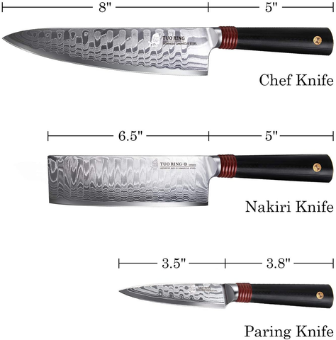 Image of TUO Damascus Kitchen Knife Set 3 Piece, 8" Chef Knife, 6.5" Nakiri Knife and 3.5" Paring Knife, Japanese AUS-10 High Carbon Stainless Steel, Full Tang G10 Handle - Gift Box - Ring-D Series