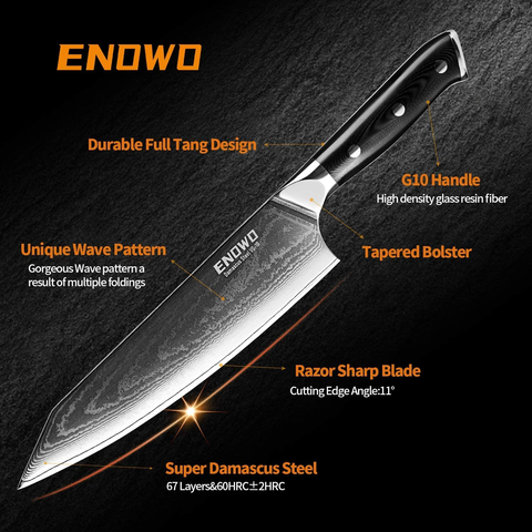 Image of Enowo Damascus Chef Knife 8 Inch with Premium G10 Handle&Triple Rivet,Razor Sharp Kitchen Knife Japanese VG-10 Stainless Steel,Gift Box,Ergonomic,Superb Edge Retention, Stain & Corrosion Resistant
