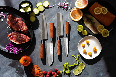 Image of Traditional Japanese Professional Kitchen Chef Knife Set - Premium Gyuto Santoku Nakiri Petty High Corrosion Resistance Full Tang Knife Set