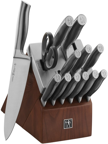 Image of HENCKELS Graphite 14-Pc Self-Sharpening Knife Set with Block, Chef Knife, Paring Knife, Utility Knife, Bread Knife, Steak Knife, Brown, Stainless Steel