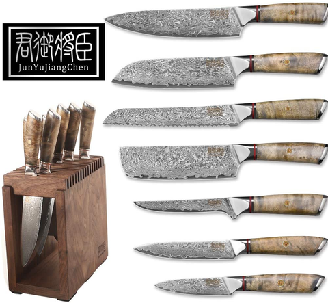 Image of Kitchen Damascus Knife Set Japanese VG-10 Steel Knives Block Set Shadow Wood Handle for Chef Knife Set High Carbon Core Stainless Steel Full Tang Kitchen Knife Set with Block High End (8 Piece)