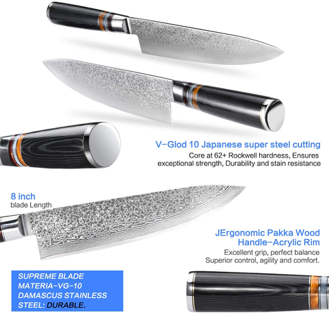 Image of YAIBA Chef Knife 8 Inch Damascus Japanese Knife VG10 Stainless Steel, Razor Sharp Kitchen Cooking Knife with Ergonomic Handle- Sheath & Gift Box, Superb Edge Retention, Stain & Corrosion Resistant