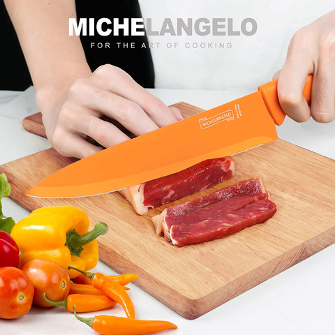 Image of MICHELANGELO Kitchen Knife Set 10 Piece, High Carbon Stainless Steel Kitchen Knives Set, Knife Set for Kitchen, Rainbow Knife Set, Colorful Knife Set- 5 Knives & 5 Knife Sheath Covers