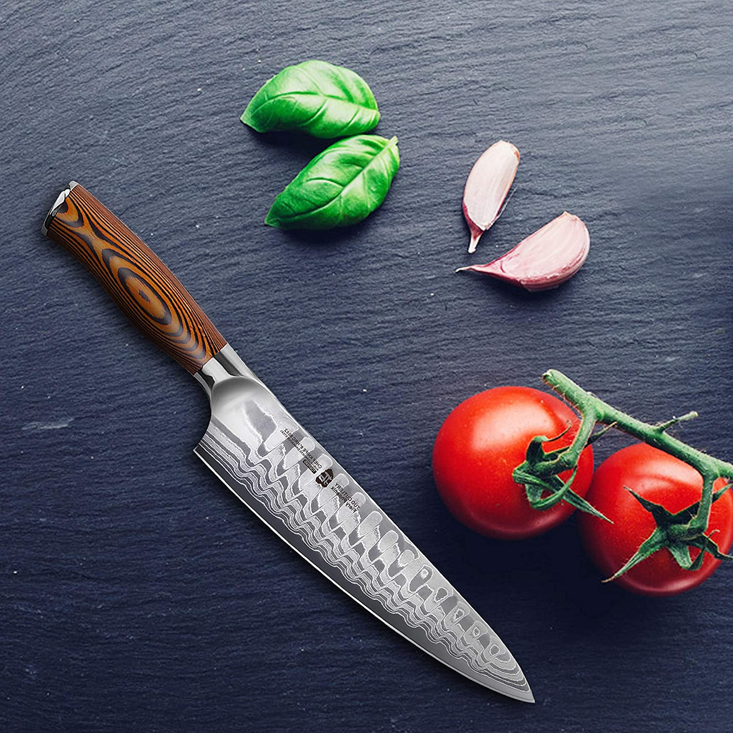 TUO Damascus Chef'S Knife - Kitchen Knives - Japanese AUS10 HC 67 Layers Steel with Dragon Pattern - Ergonomic Pakkawood Handle - 8" - Fiery Phoenix Series Including Gift Box