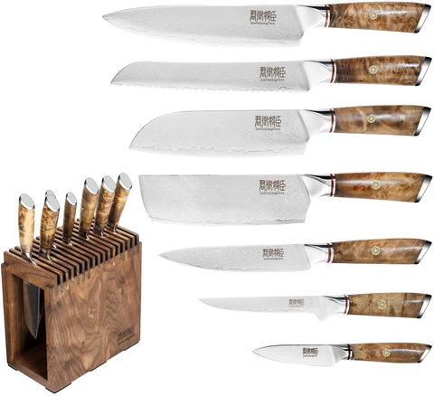 Image of Knife Set Block - 8 Piece Chefs Knife Set - Damascus Steel VG10 Japanese Stainless Steel Home Kitchen Knife Set with Shadow Wood Handle&Unviersal Walnut Block