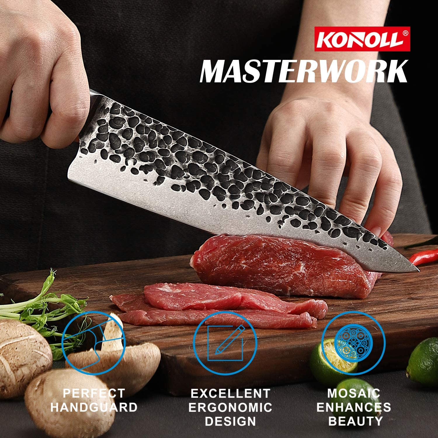 KONOLL Kitchen Knife Block Set 9 Pcs Chef Knife Box Set Ultra Sharp Forged Knives Set, Meat Cleaver HC Stainless German Steel with Full Tang Wood Handle (Knife Block Set 9 Pcs)