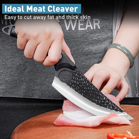 Image of Viking Knives, Butcher Knife Black Forged Boning Knives with Sheath Japanese Fillet Meat Cleaver Knives Full Tang Japan Knives Chef Knife for Kitchen, Camping, BBQ (Black)