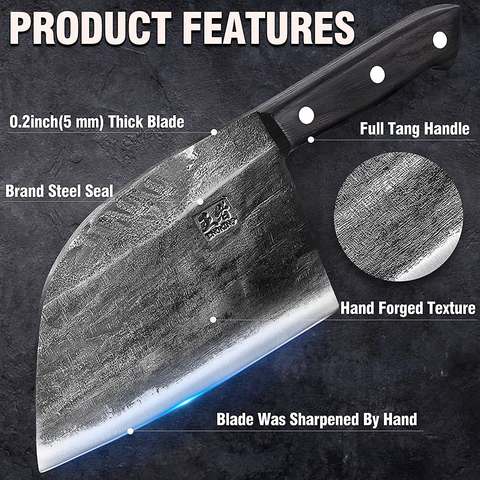 Image of ENOKING Serbian Chef Knife Meat Cleaver Forged Butcher Knife with Full Tang Handle Leather Sheath Kitchen Knife for Kitchen, Camping, BBQ
