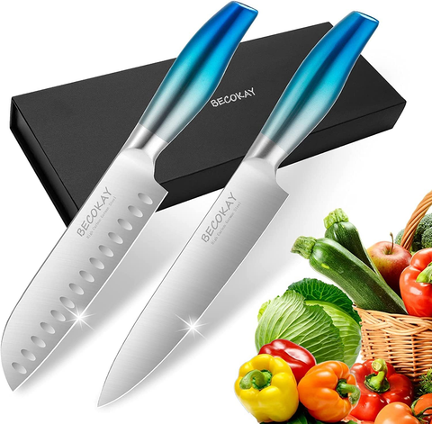 Image of Kitchen Knives Sets, Ultra Sharp 8 Inch Chef Knife and 7 Inch Santoku Knife, 2 Piece Professional Stainless Steel Knives with Ergonomic Handle and Gift Box for Kitchen
