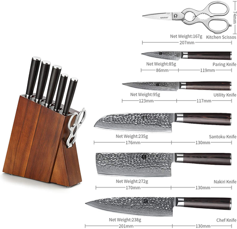 Image of XINZUO 7PC Damascus Steel Kitchen Knife Set with Acacia Wood Block,Multifunctional Kitchen Scissors,Professional Sharp Chef Knife Forged Vegetable Knife with Pakkawood Handle- He Series