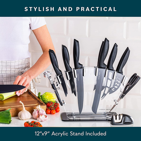 Image of New Home Hero 17 Pcs Kitchen Knife Set - 7 Stainless Steel Knives, 6 Serrated Steak Knives, Scissors, Peeler & Knife Sharpener with Acrylic Stand (Black, Stainless Steel)…