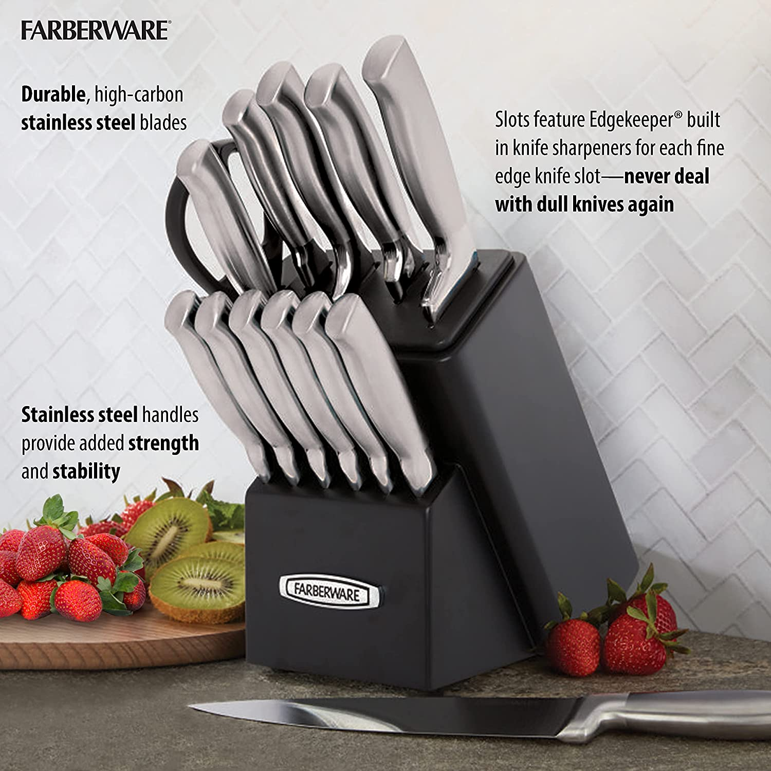 Farberware Self-Sharpening 13-Piece Knife Block Set with Edgekeeper Technology, Black -