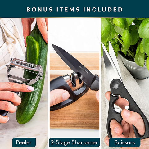 Image of New Home Hero 17 Pcs Kitchen Knife Set - 7 Stainless Steel Knives, 6 Serrated Steak Knives, Scissors, Peeler & Knife Sharpener with Acrylic Stand (Black, Stainless Steel)…