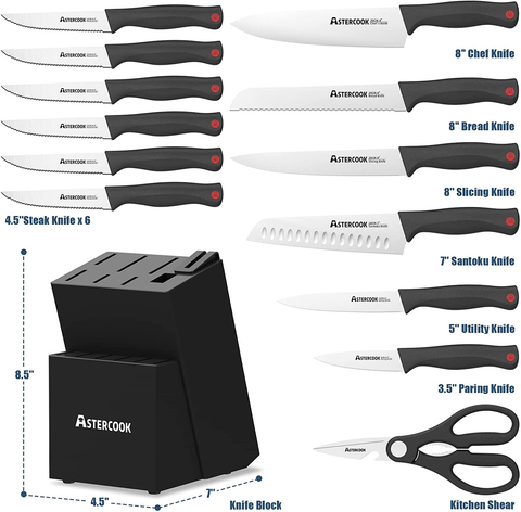 Image of Astercook Knife Set with Built-In Sharpener Block, Dishwasher Safe Kitchen Knife Set with Block, 14 Pcs High Carbon Stainless Steel Block Knife Set with Self Sharpening and 6 Steak Knives, Black…