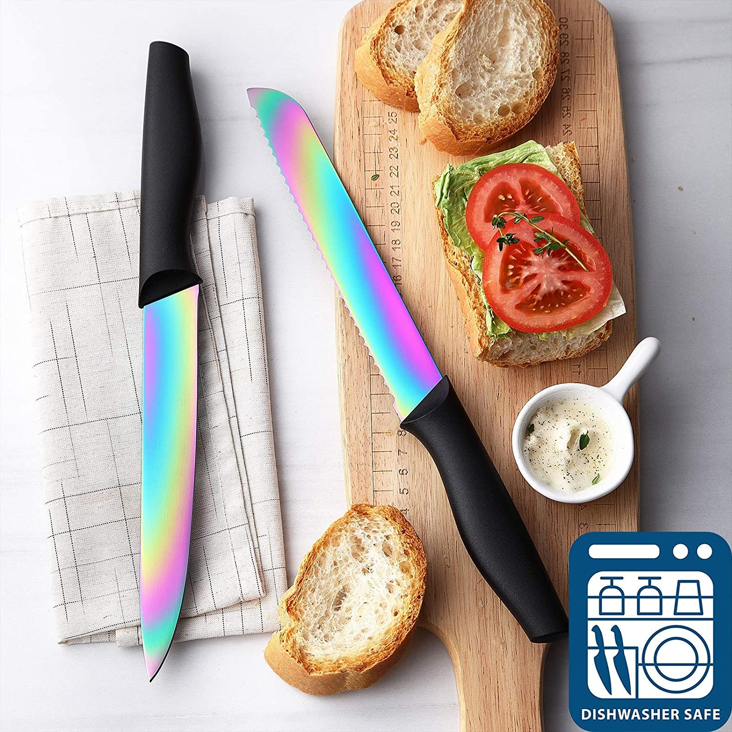 DISHWASHER SAFE KYA25 Rainbow Titanium Cutlery Knife Set, Marco Almond 14-Piece Kitchen Knives Block Sets, Black