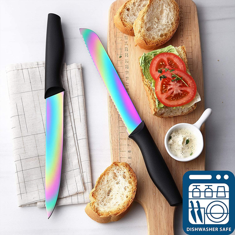 Image of DISHWASHER SAFE KYA25 Rainbow Titanium Cutlery Knife Set, Marco Almond 14-Piece Kitchen Knives Block Sets, Black