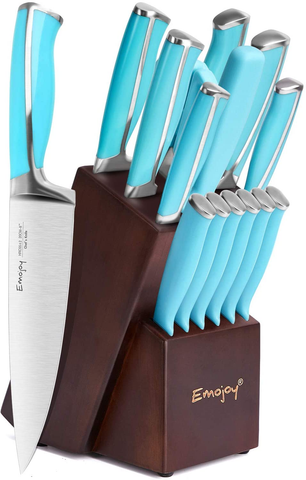 Image of Knife Set, Emojoy 15 Piece Kitchen Knife Set with Block Wooden, German Stainless Steel Sharp Chef Knife Set with Sharpener, Dishwasher Safe and Rust Proof, Red, Black, Blue