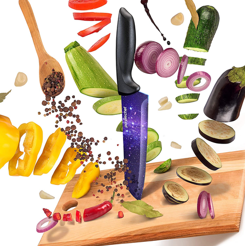 Image of Purplechef 10 Pieces Purple Galaxy Kitchen Knives Set. Includes 6 Stainless Steel Knives, Scissors, Knife Sharpener, Peeler, and Clear Acrylic Stand.
