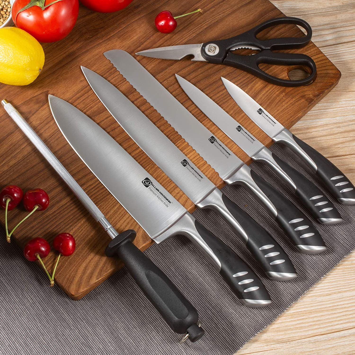 Premium 8-Piece German High Carbon Stainless Steel Kitchen Knives Set with Rubber Wood Block, Professional Double Forged Full Tang Chef Knife Set