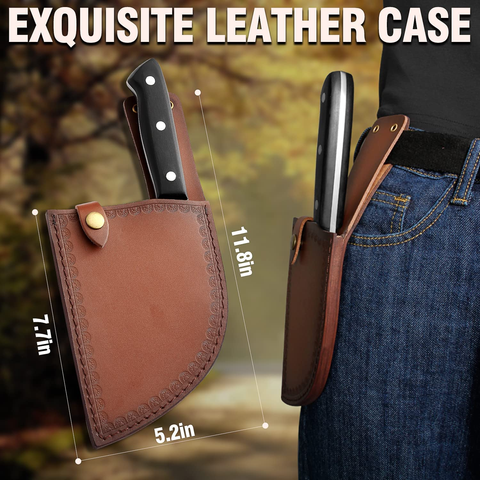 Image of ENOKING Serbian Chef Knife Meat Cleaver Forged Butcher Knife with Full Tang Handle Leather Sheath Kitchen Knife for Kitchen, Camping, BBQ