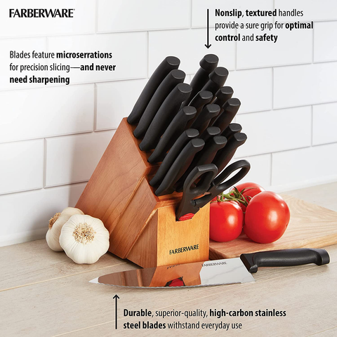 Image of Farberware 18-Piece Never Needs Sharpening High-Carbon Stainless Steel Knife Block Set with Non-Slip Handles, Black